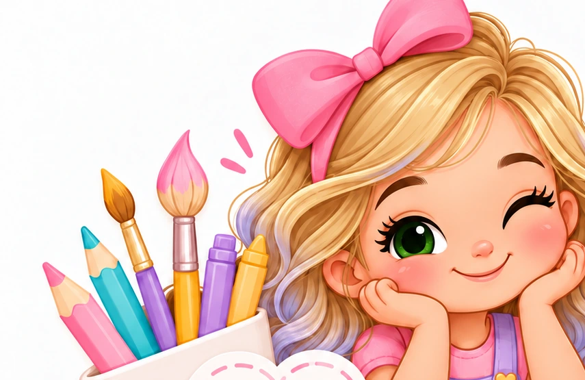 Avatar ilustrado da Maria com cabelo loiro, olhos verdes, mechas suaves lilás-azuladas nas pontas e laço rosa